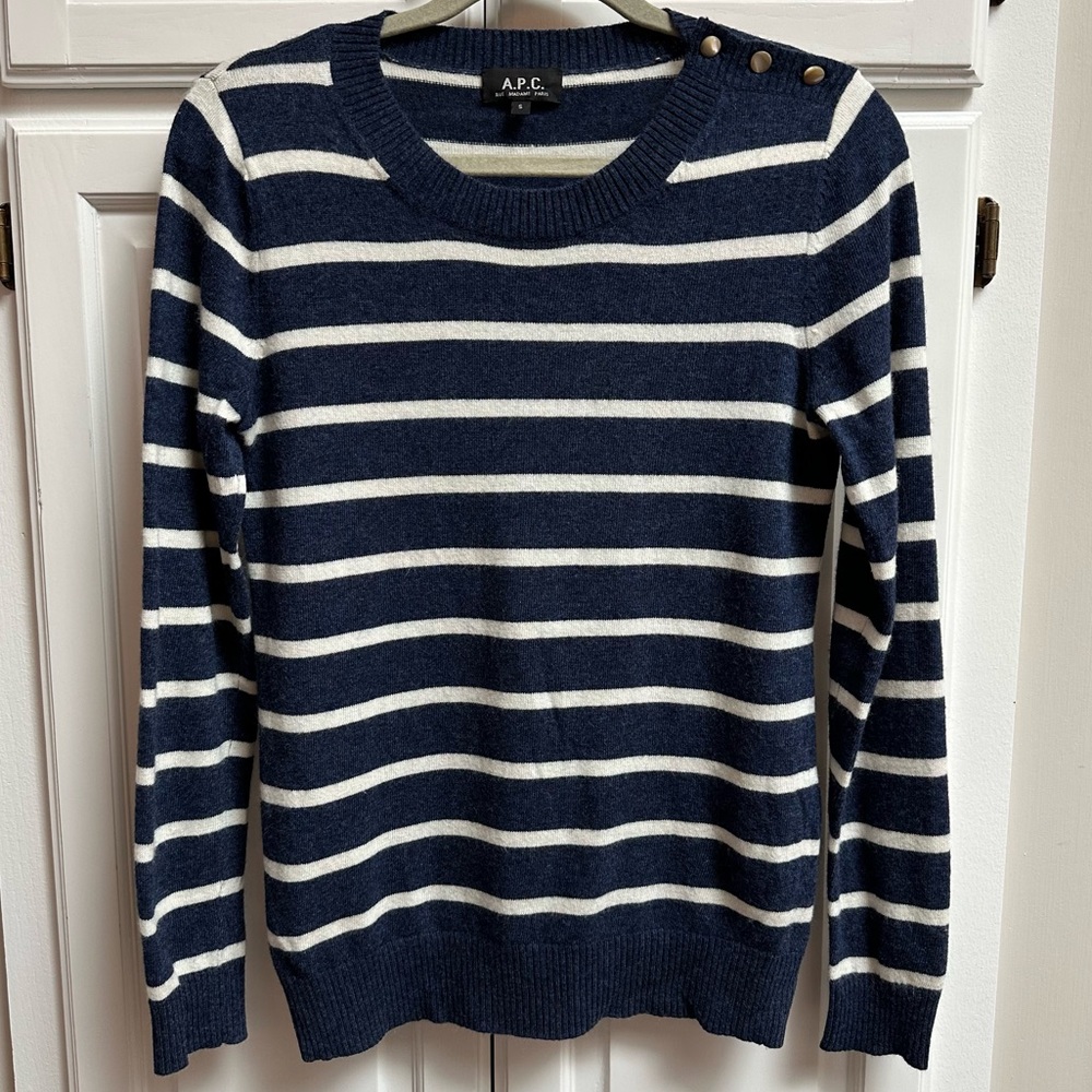A.P.C. Blue & White Striped Sweater Button Neck Cashmere & Wool Size Small
